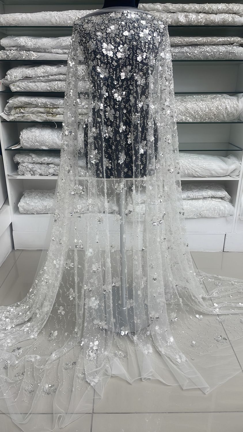 Wedding Dress Fabric [ 25249 ] Tulle Emb Beaded-137-05-Off White Silver per Meter