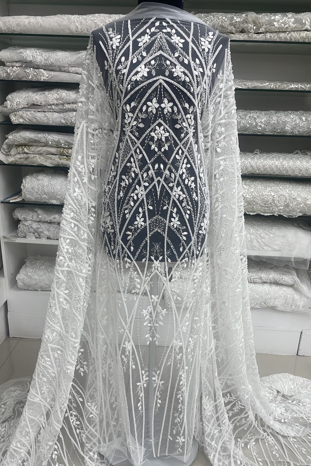 Wedding Dress Fabric [ 25263 ] Tulle Emb Beaded-137-19-Off White per Meter