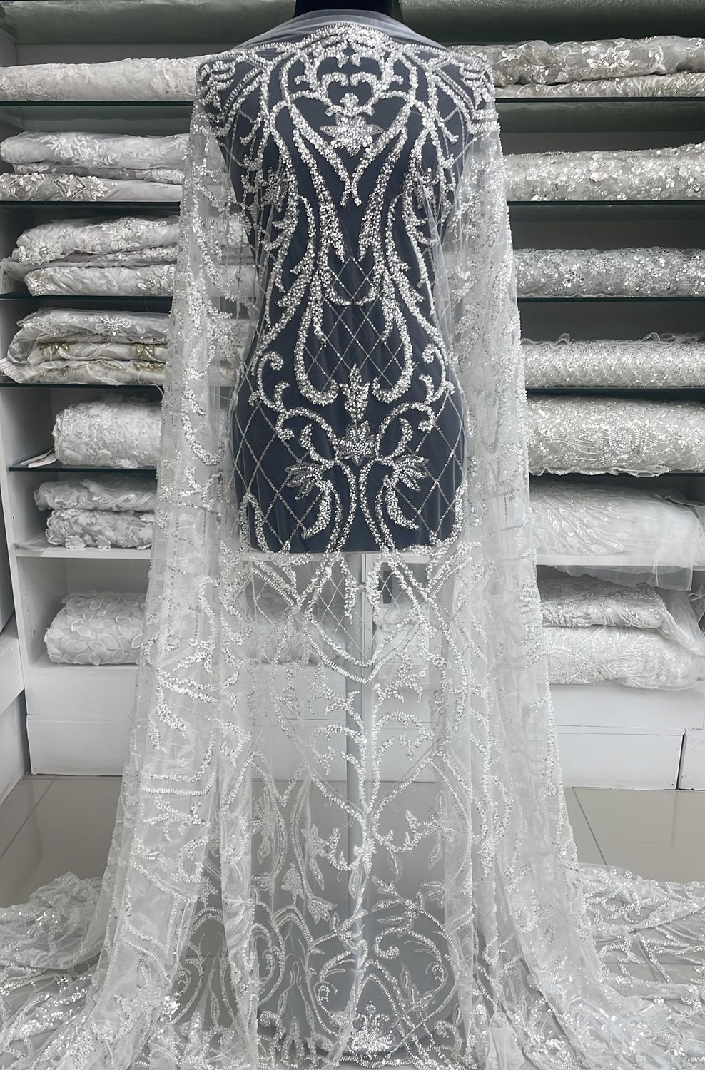 Wedding Dress Fabric [ 24307 ] Tulle Emb Beaded-KQ127279V-S-137-08-Ivory per Meter