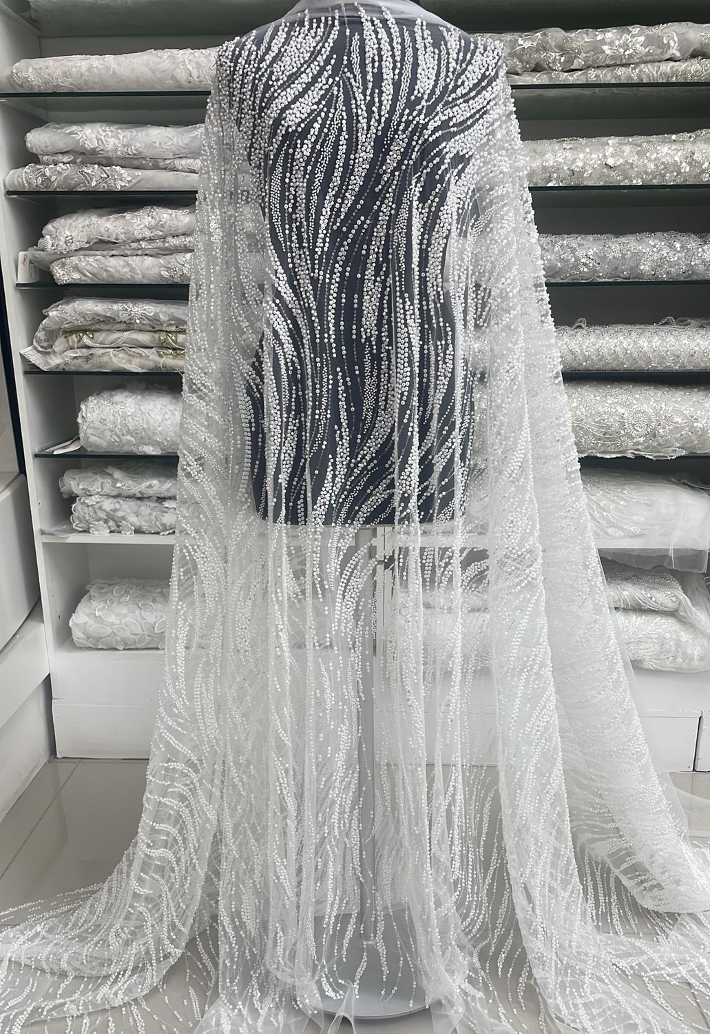 Wedding Dress Fabric [ 25258 ] Tulle Emb Beaded-137-14-Off White per Meter