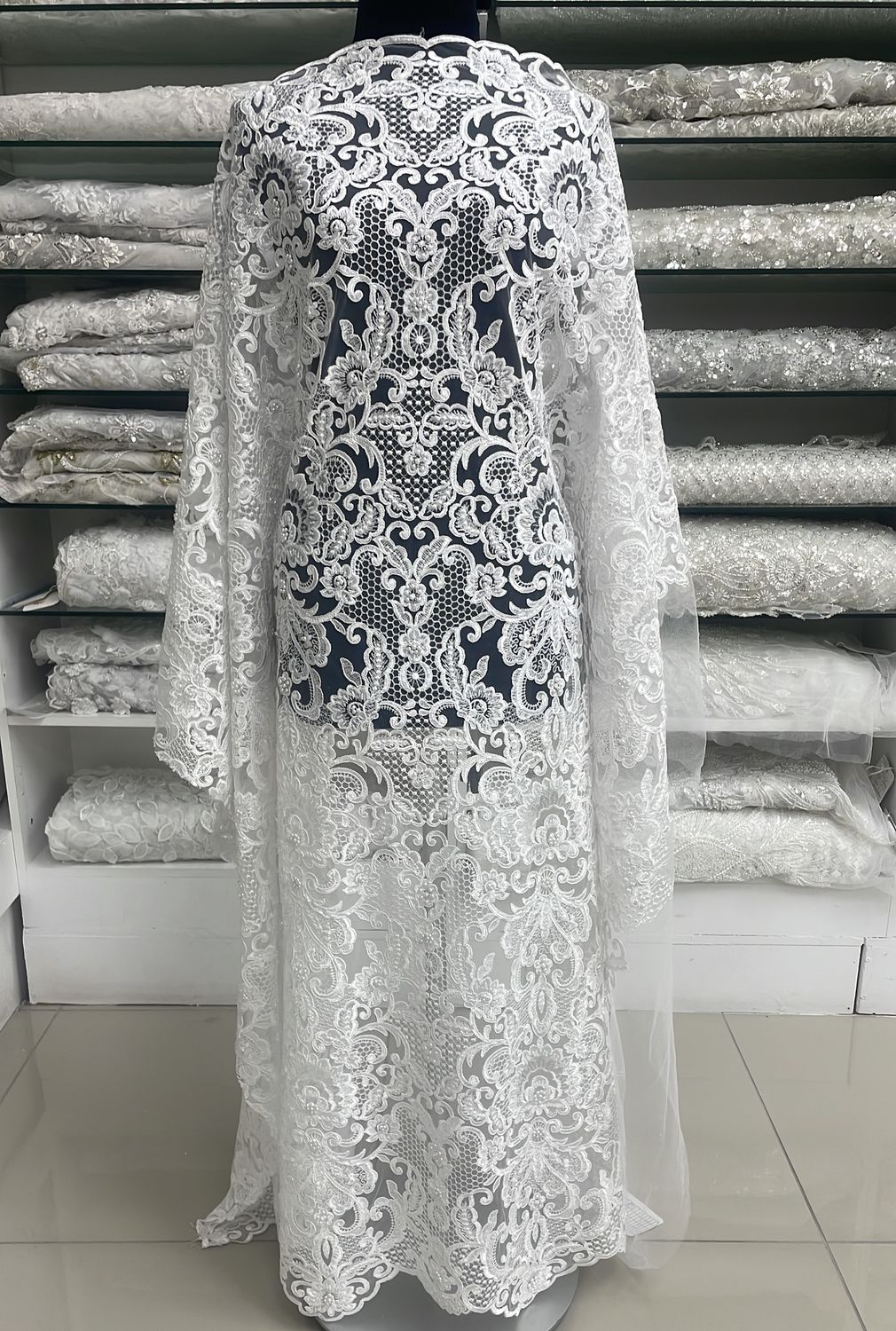Wedding Dress Fabric Tulle Embroidered Beaded Corded/137cm/10g/WHITE per Meter