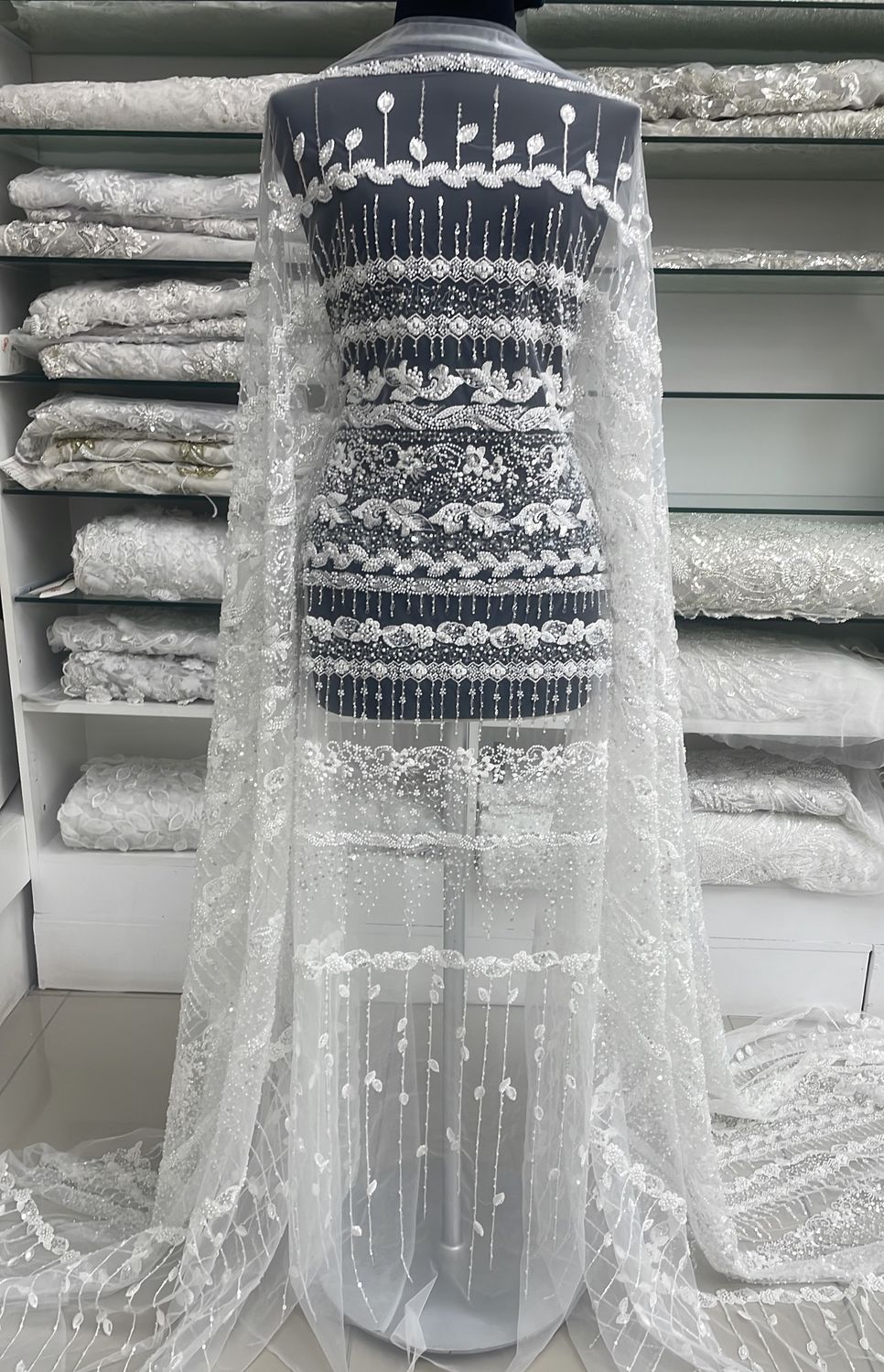 Wedding Dress Fabric [ 25260 ] Tulle Emb Beaded-137-16-Off White per Meter