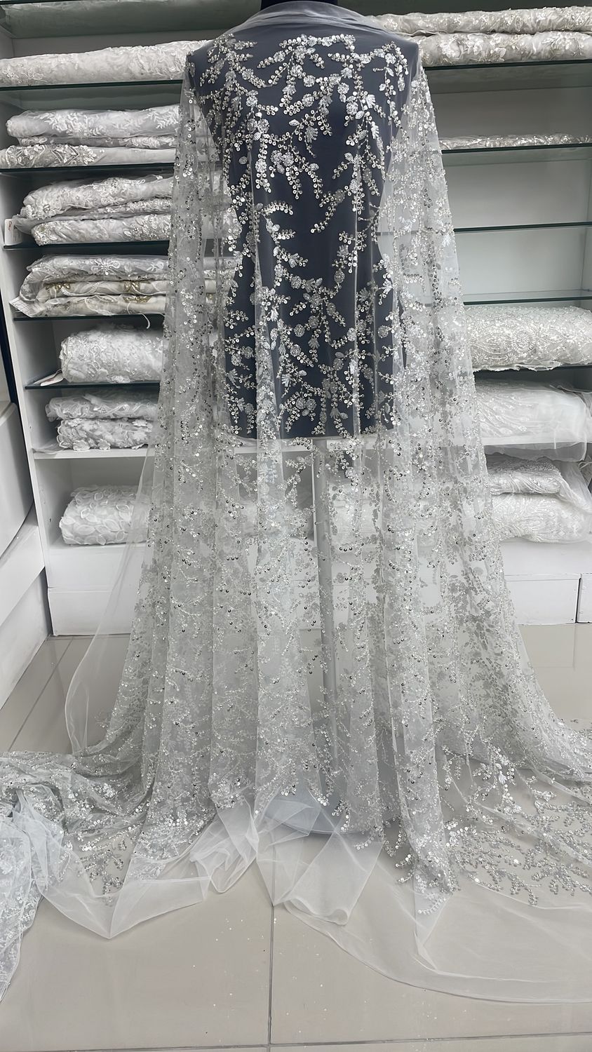 Wedding Dress Fabric [ 23391 ] Tulle Emb Beaded-TUEB-137-WHITE/SILVER-01 per Meter