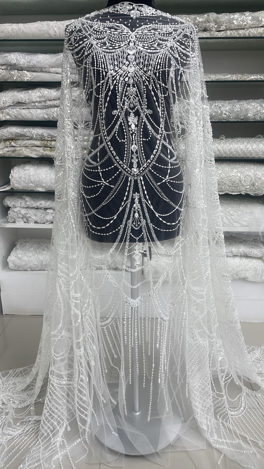 [ 25256 ] Tulle Emb Beaded-137-12-Off White per Meter