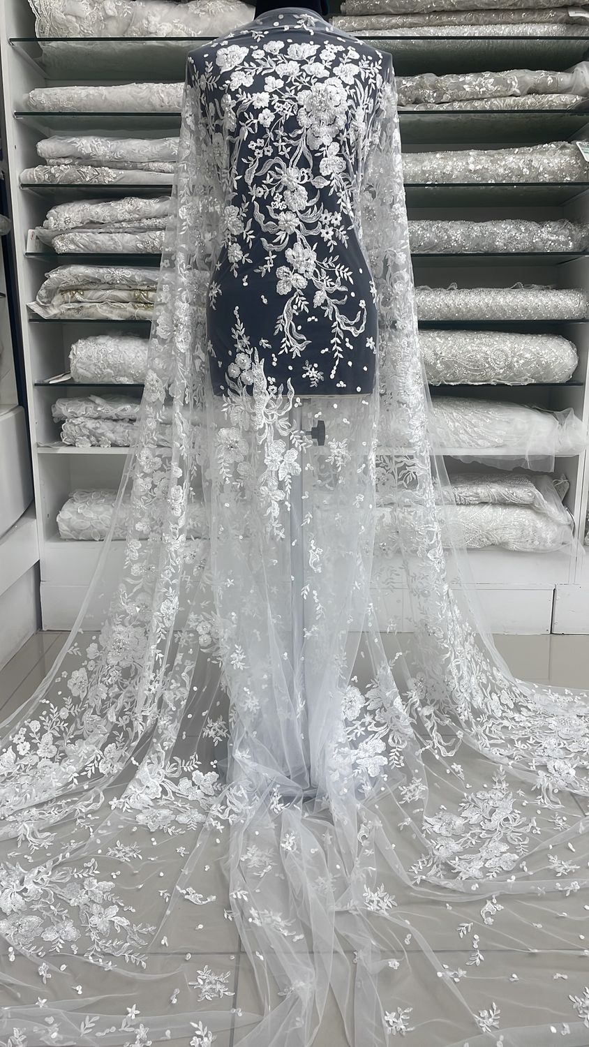Bridal Fabric Tulle Embroidered Beaded/137cm/5g/White per Meter