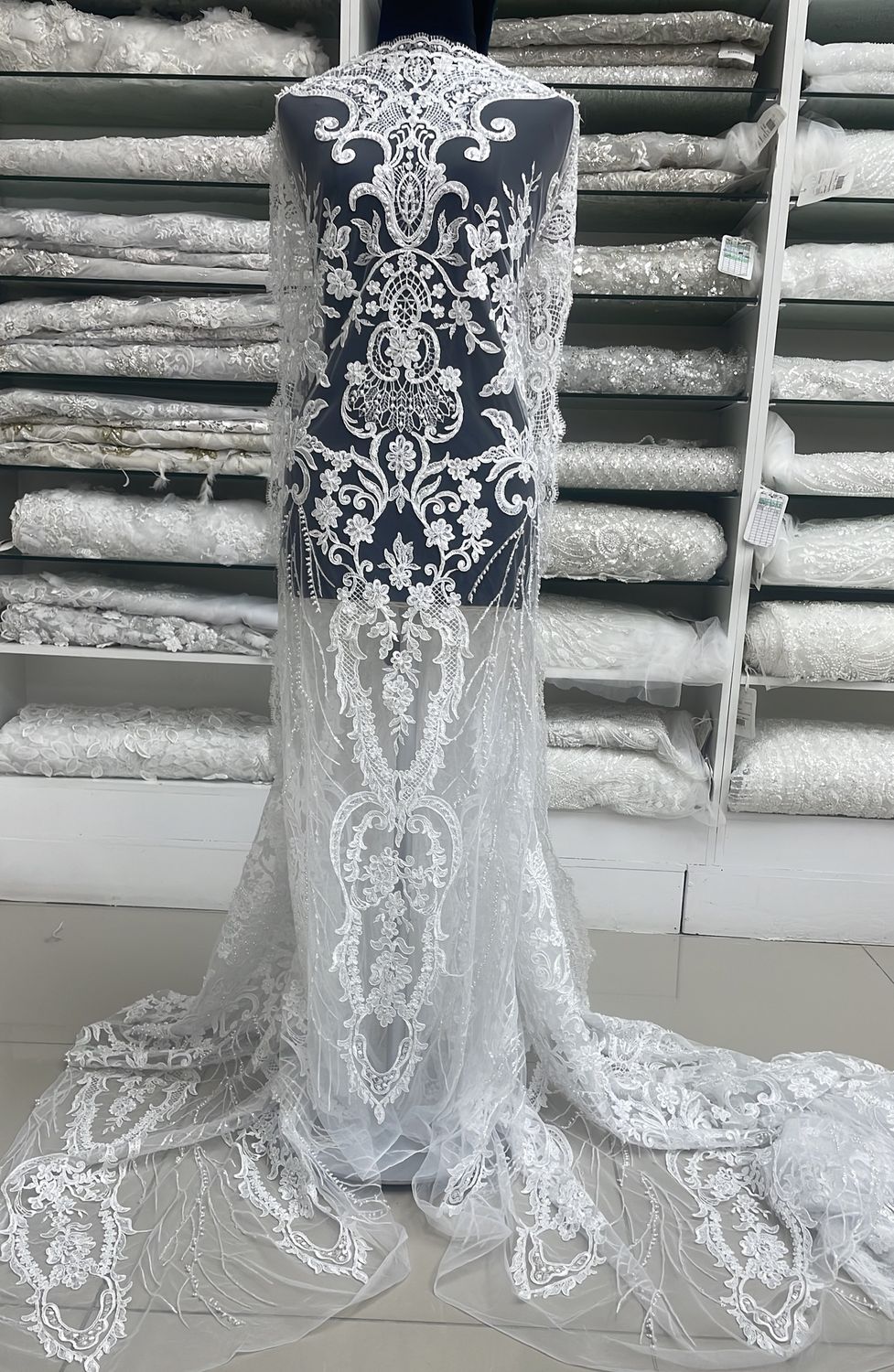 Wedding Dress Fabric [ TEBC-ML-1543-W ] TulleEmbBeadWhiteCord137cm-WHITE per Meter