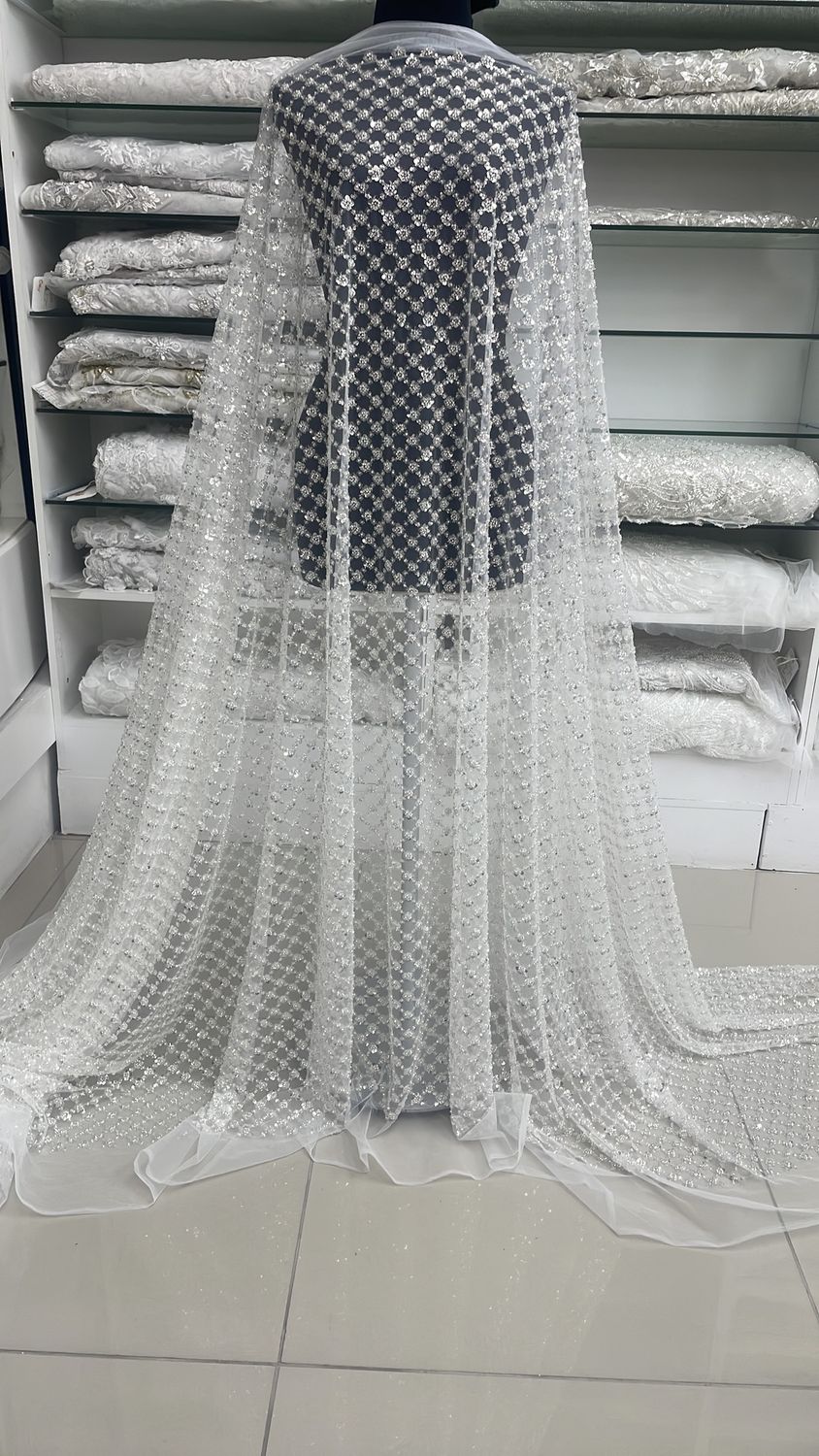 Wedding Dress Fabric [ 24793 ] Tulle Emb Bead-37816-137-White-6 per Meter