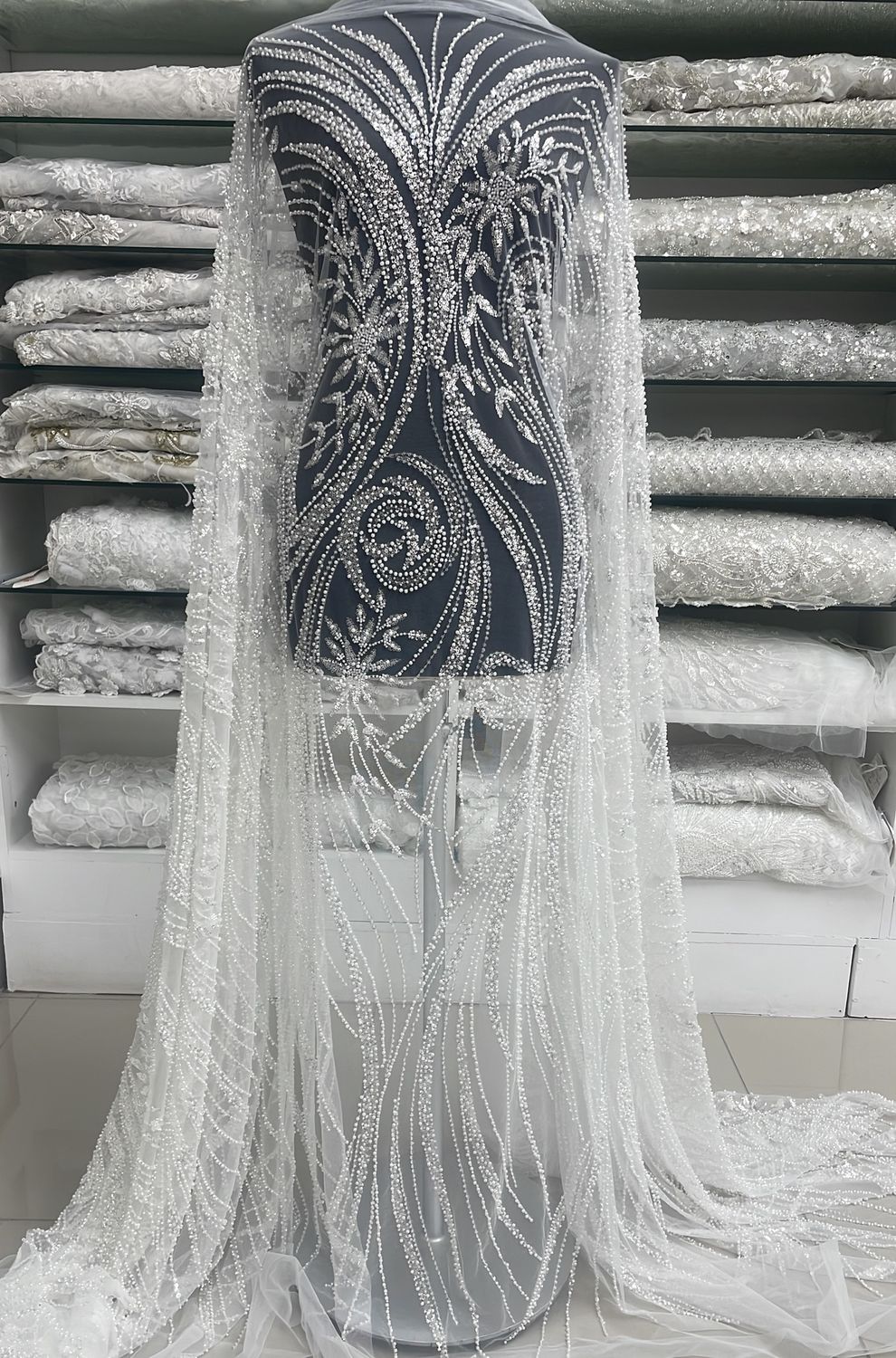 Wedding Dress Fabric [ 25268 ] Tulle Emb Beaded-137-04-Off White per Meter