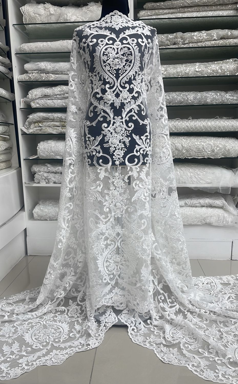 Wedding Dress Fabric [ 21251 ] Tulle Embroidered Beaded Corded/137cm/5g/WHITE per Meter