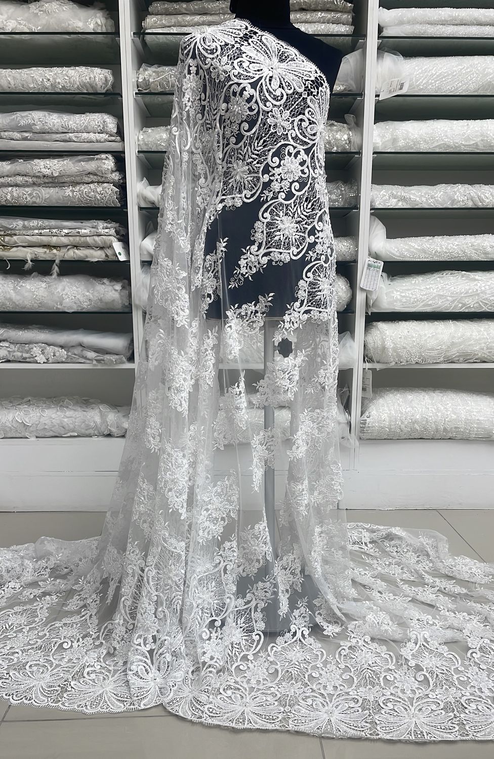 Wedding Dress Fabric [ TEBC-WL-64044-1 ] TulleEmbBeadCord137cmGuipDoubBor-WHITE per Meter