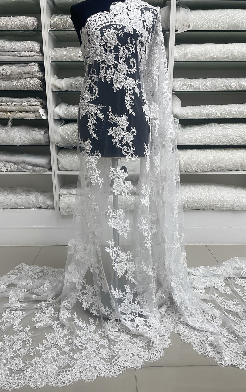 Wedding Dress Fabric Bridal Lace [ 000000394 ] Tulle Embroidered Beaded Corded/137cm/5g/White per Meter
