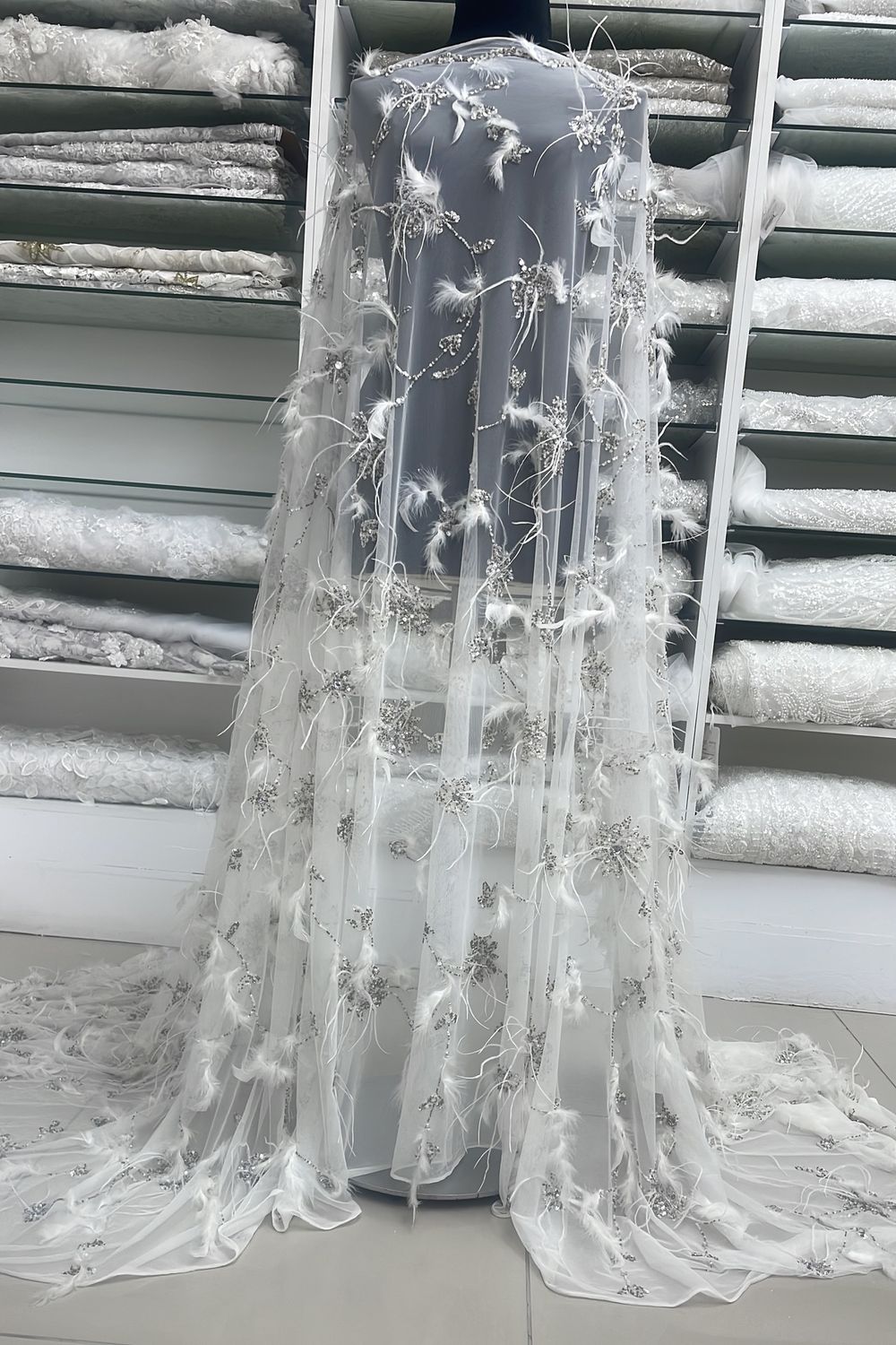 Wedding Dress Fabric [ TUBF-RU-1813-02 ] Tulle Beaded Feathers 152 Ivory per Meter