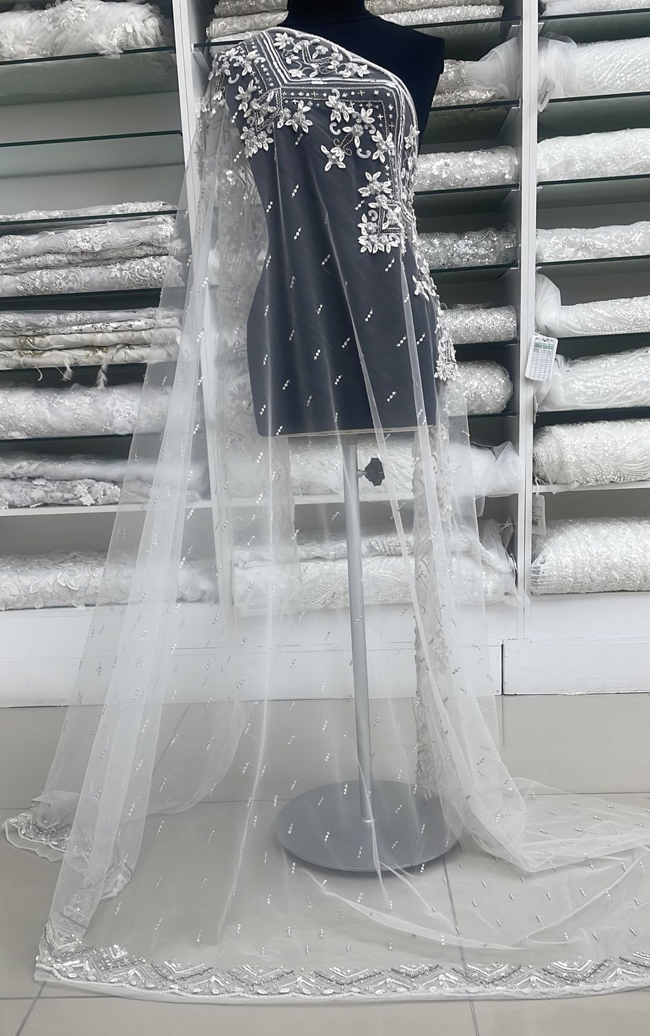Wedding Dress Fabric [ TUEB-SK-3010 ] Tulle Embroidered Beaded - 150w - White per Meter
