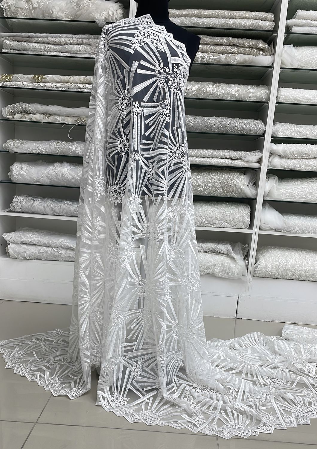 Wedding Dress Fabric [ 16317 ] Tulle Embroidered/137cm/5g/WHITE per Meter