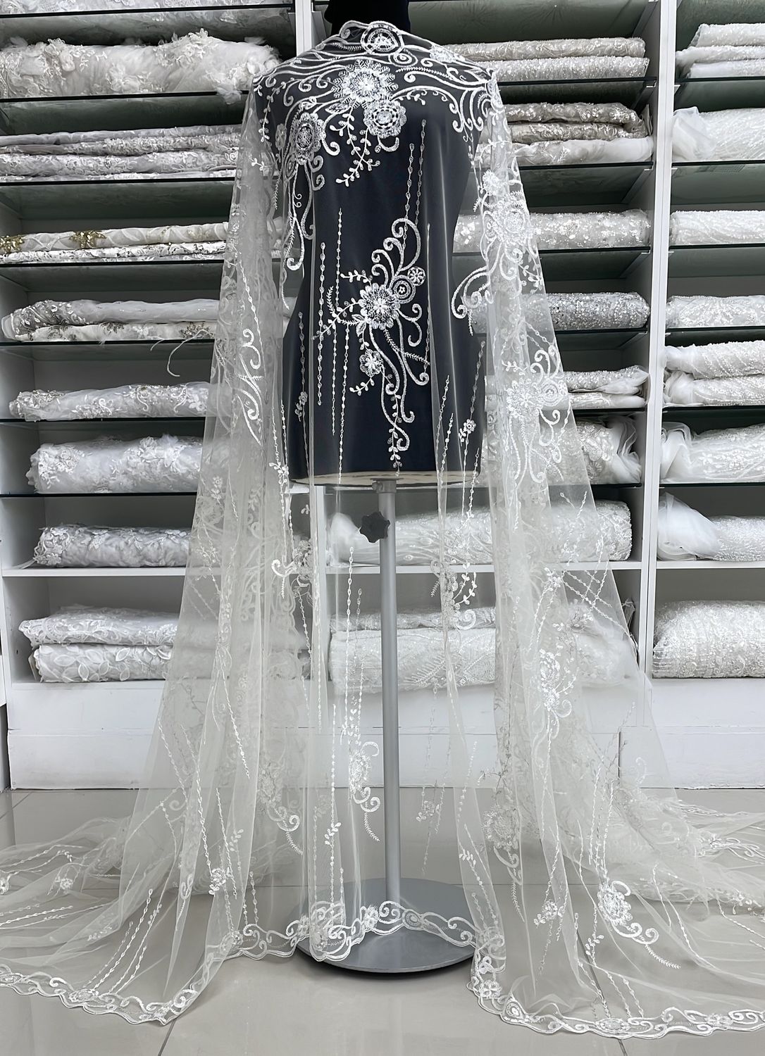 Wedding Dress Fabric [ TUEB-WT-5703-02 ] Tulle Emb Beaded 132W- Ivory per Meter