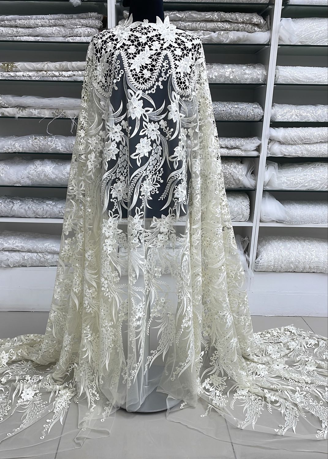 Wedding Dress Fabric [ TEASB-NH-5862-2 ] TulleEmbAppliqStoneBorder137cm-IVORY per Meter