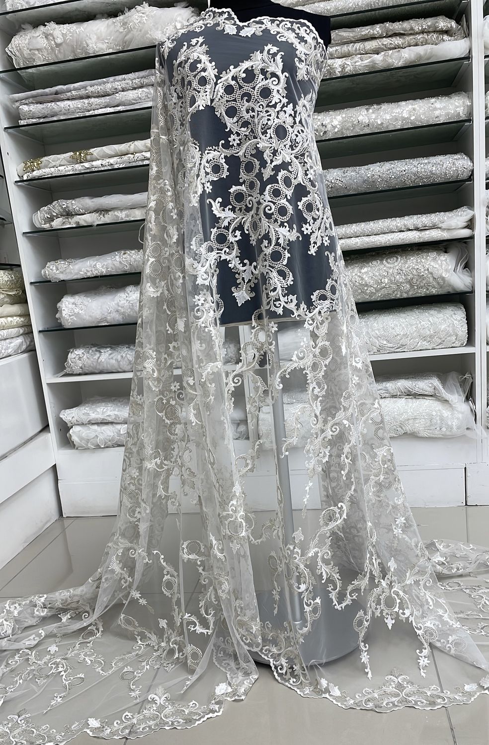 Wedding Dress Fabric [ 16723 ] Tulle Embroidered Metalic/137cm/5g/OFF WHITE per Meter
