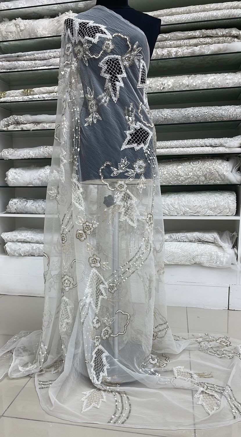 Wedding Dress Fabric [ OEB-RU-E07-5-03 ] Organza Emb Beaded 152 - Ivory per Meter