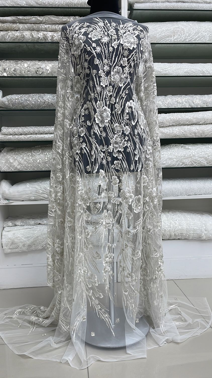 Wedding Dress Fabric [ 19520 ] Tulle Embroidered Beaded Metalic/137cm/5g/IVORY K per Meter