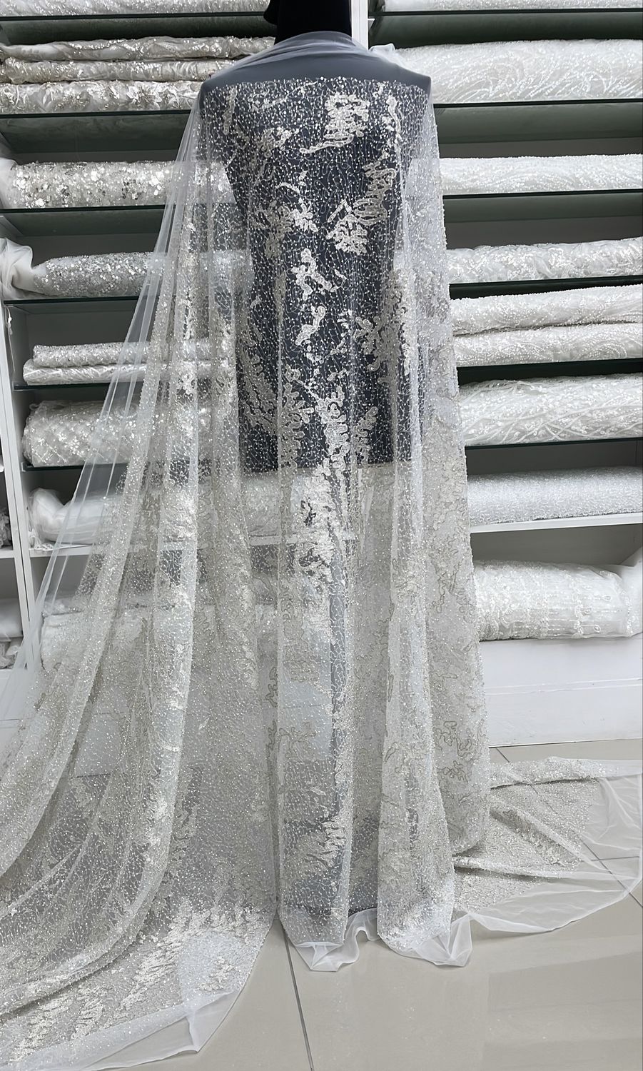 Wedding Dress Fabric [ 23275 ] Tulle Embroidered Beaded Metallic-137-WHITE per Meter