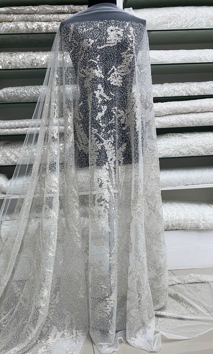 Wedding Dress Fabric [ 23276 ] Tulle Embroidered Beaded Metallic-137-IVORY per Meter