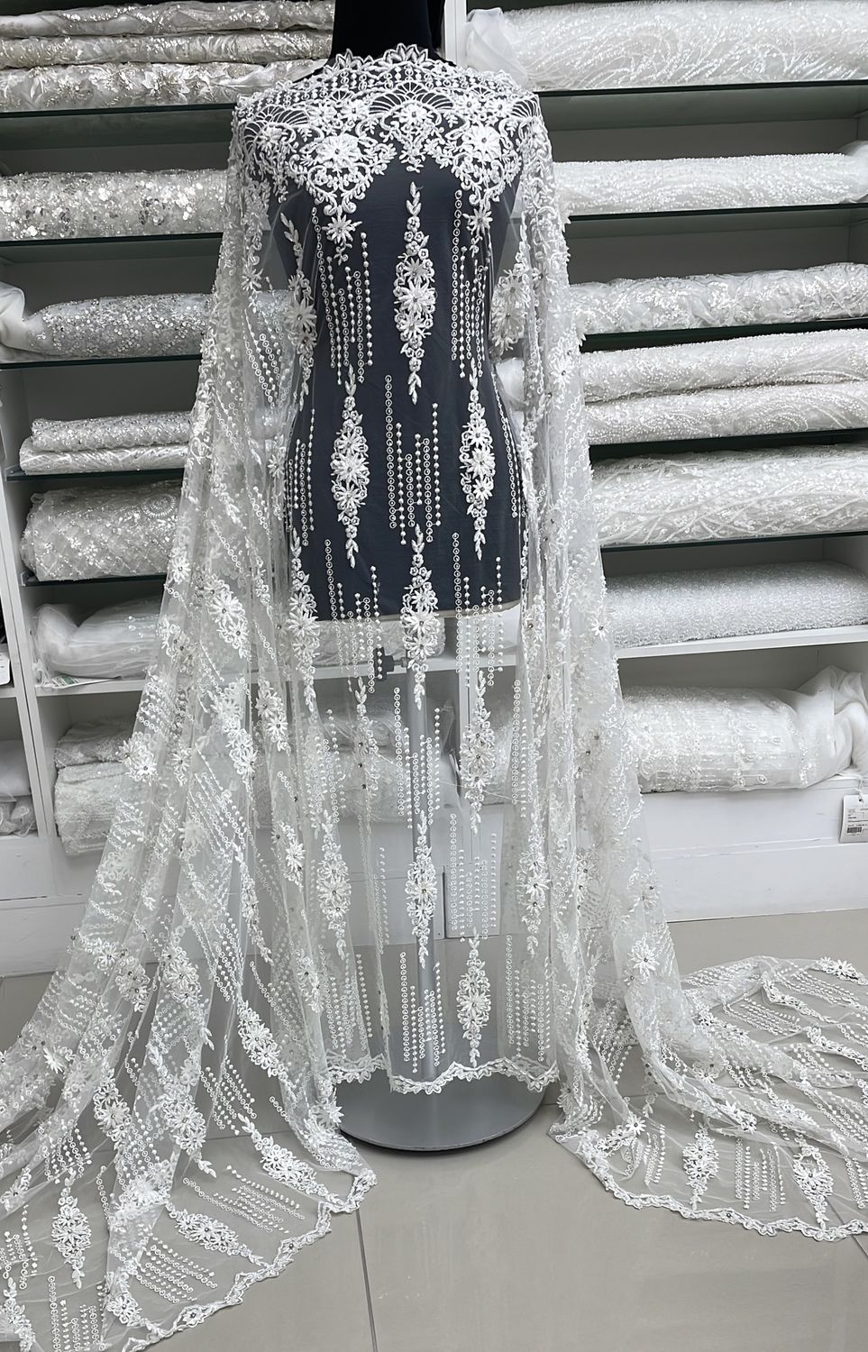 Wedding Dress Fabric Tulle Embroidered Applique Beaded/137cm/5g/O White per Meter