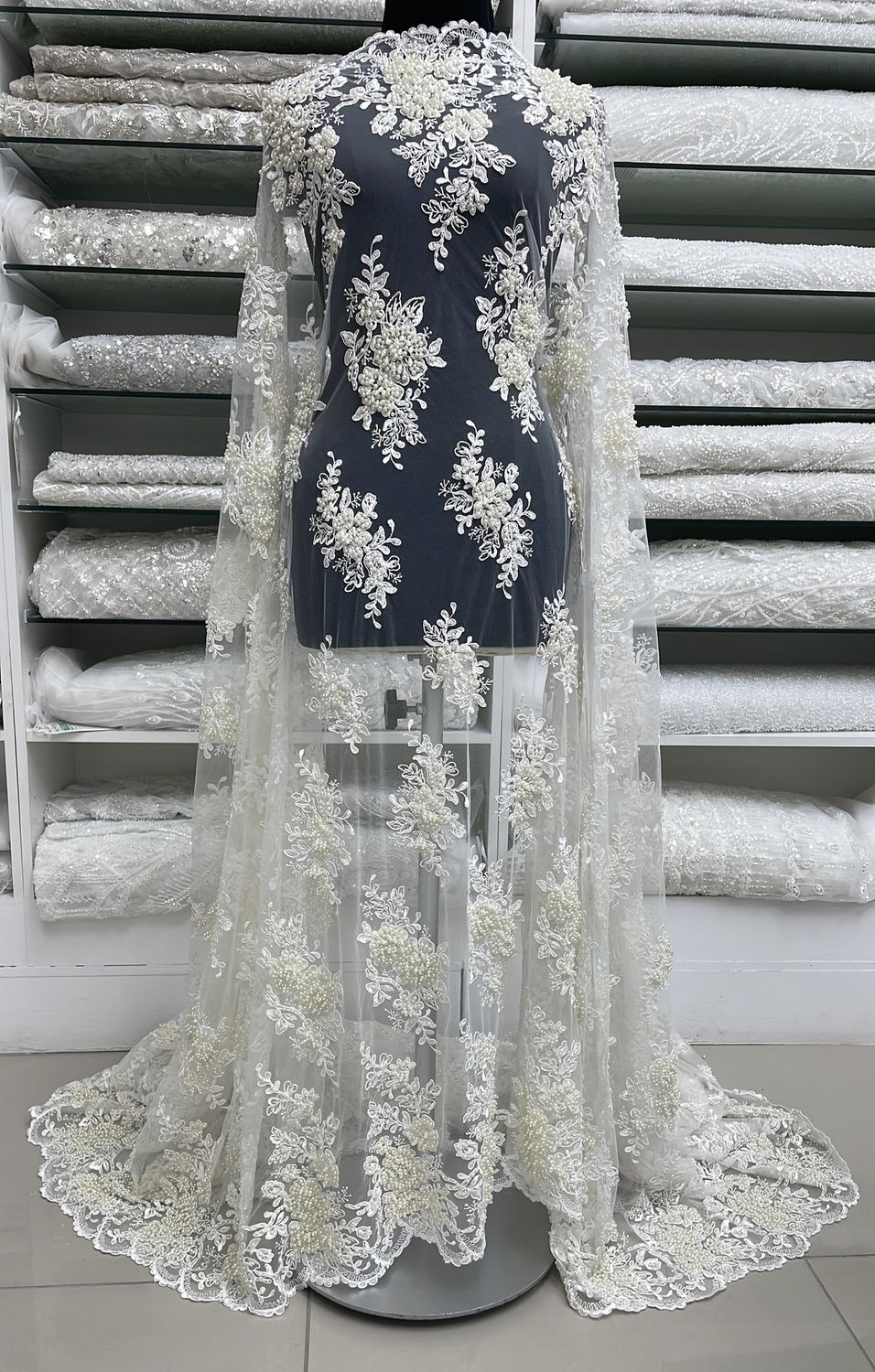 Wedding Dress Fabric [ TUBC-ES-7336-I ] TulleEmbBCorded132-Ivory per Meter