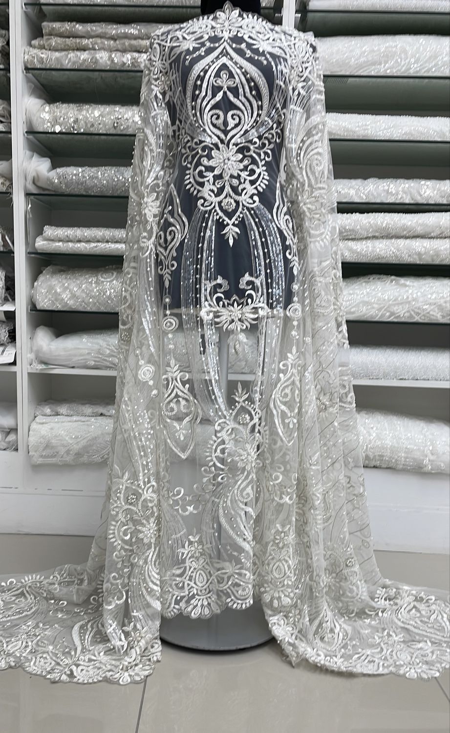 Wedding Dress Fabric [ 19426 ] Tulle Embr. Beaded Metalic/137cm/5g/Ivory Silver per Meter