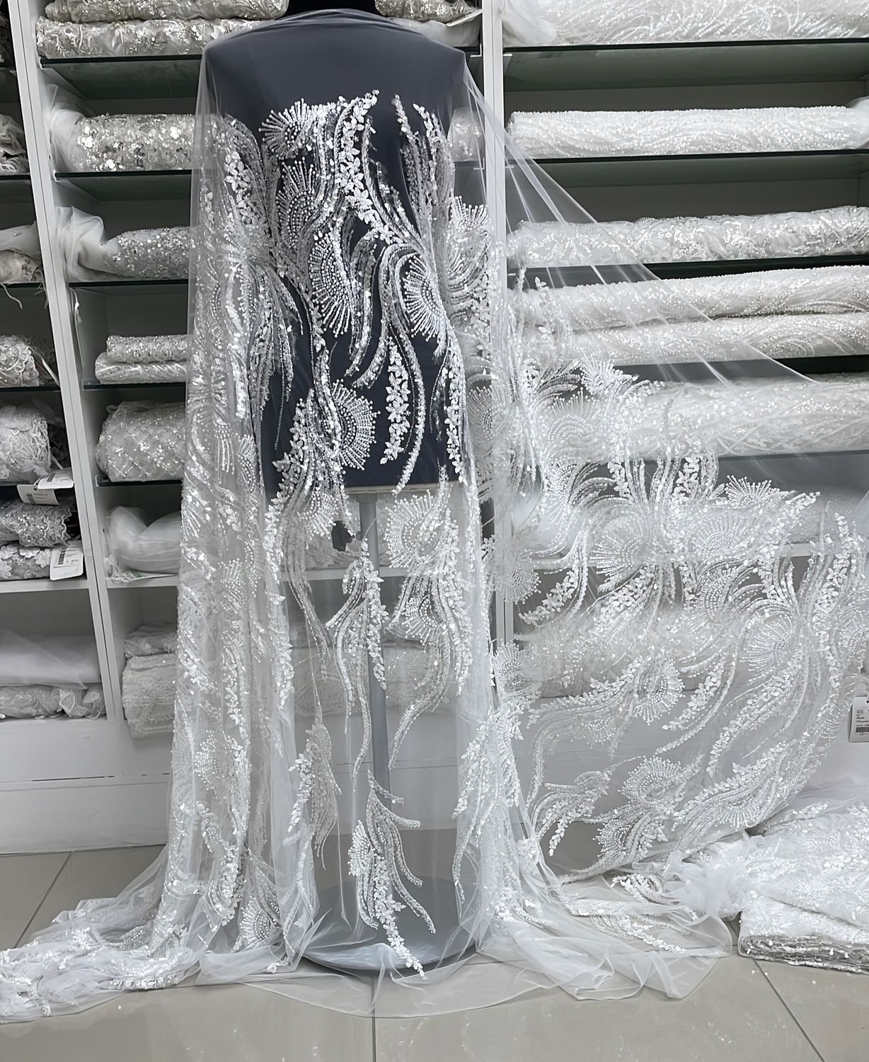 Wedding Dress Fabric [ 25264 ] Tulle Emb Beaded-137-20-White per Meter