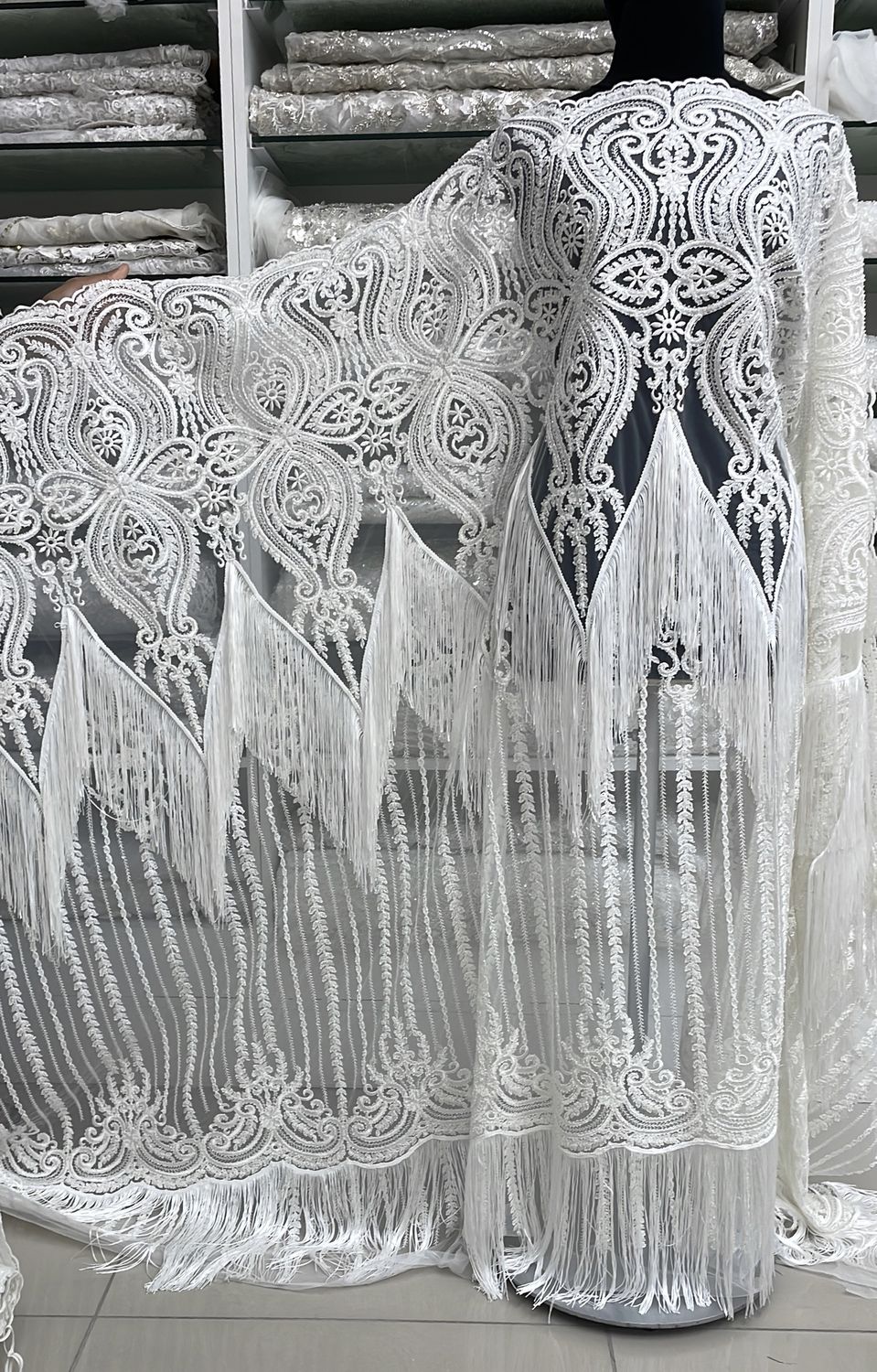 Wedding Dress Fabric [ 19425 ] Tulle Embroidered Beaded Fringe/137cm/5g/Ivory per Meter