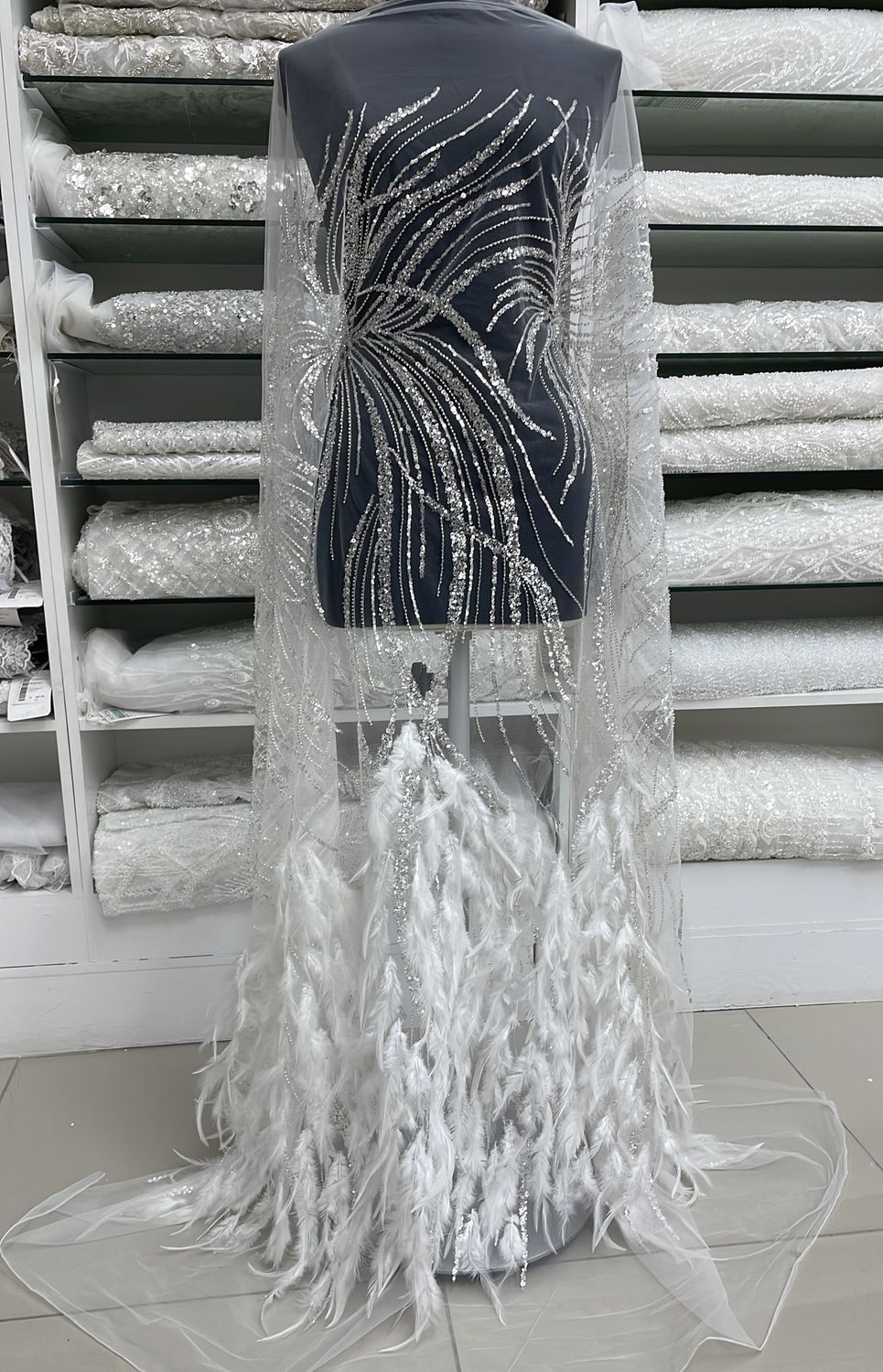 Wedding Dress Fabric [ 24970 ] Tulle Emb Beaded Feathers-GZ-36275-150-Silk White- per Meter