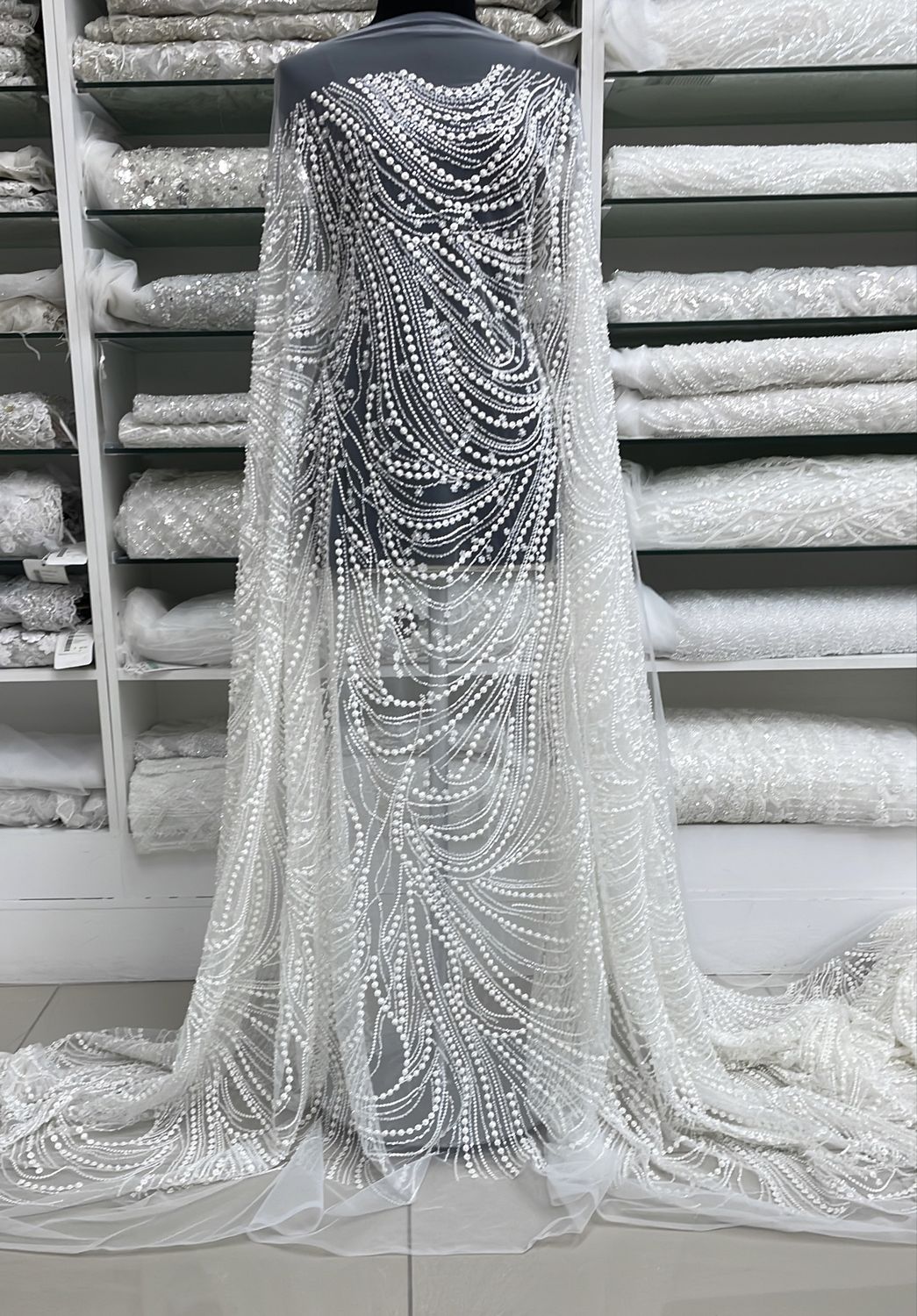 Wedding Dress Fabric [ 25262 ] Tulle Emb Beaded-137-18-Off White per Meter