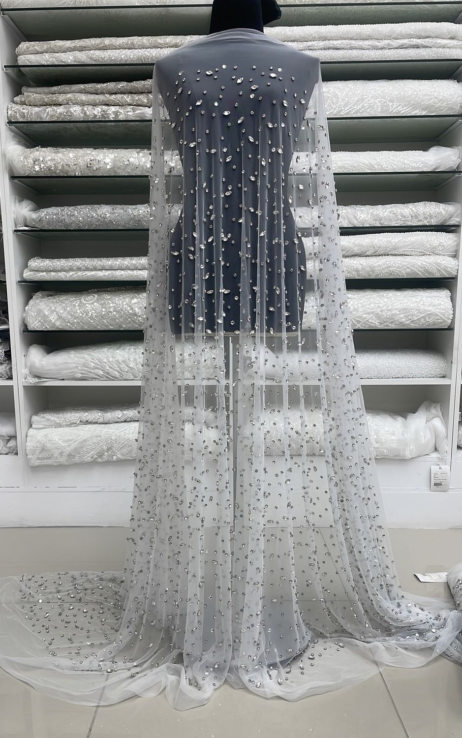 Wedding Dress Fabric [ 25081 ] Tulle with Diamante-KQ-DSN#5-137-Silver-01 per Meter