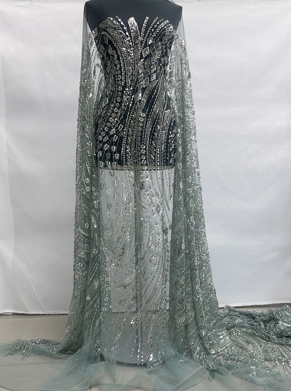 Dress Fabric [ 25040 ] Tulle Emb Beaded-GZ-39602-137-Mint Green-02 per Meter