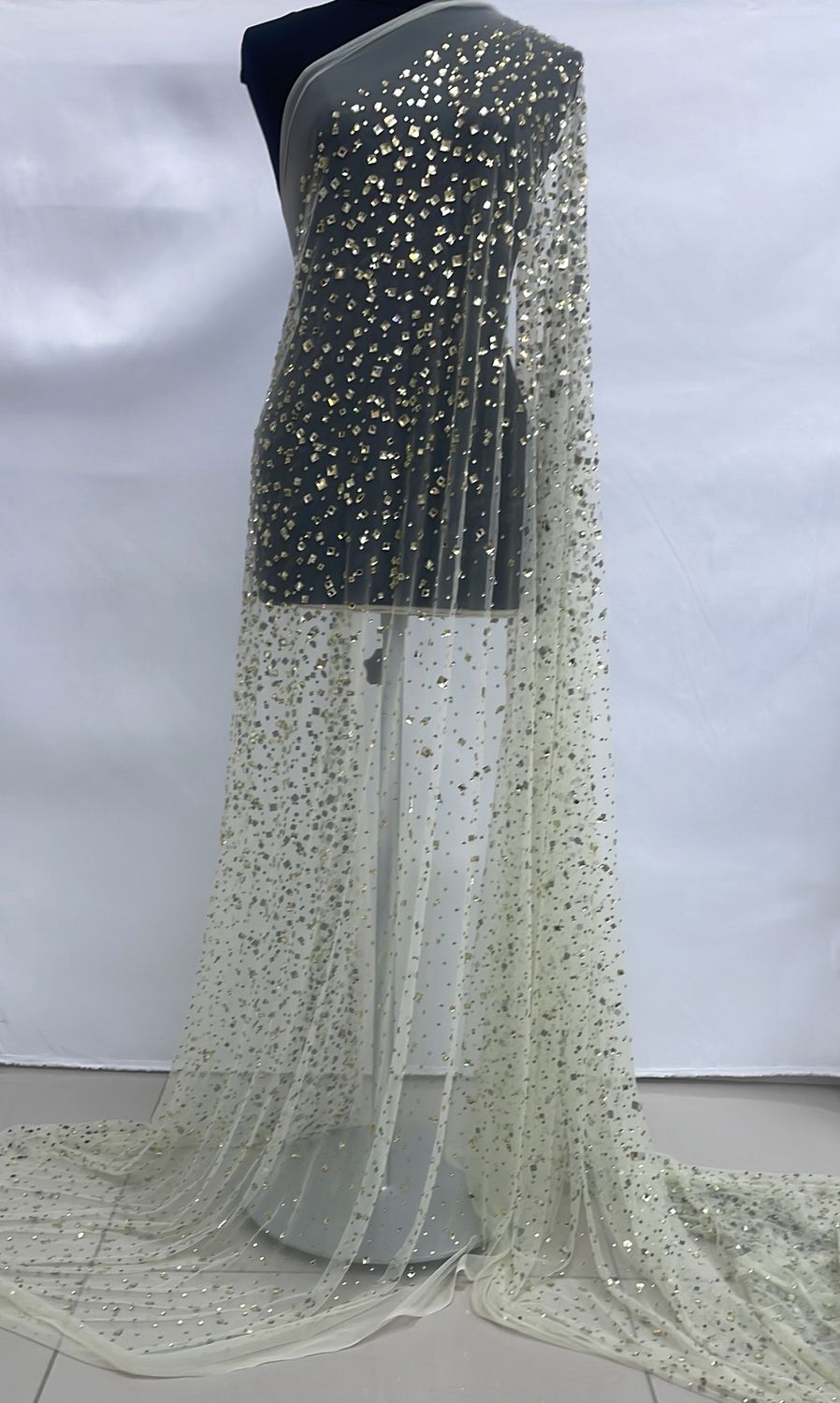 Dress Fabric [ 25093 ] Tulle with Jewel Stones-KQ-DSN#8-137-Olive Gold-1 per Meter