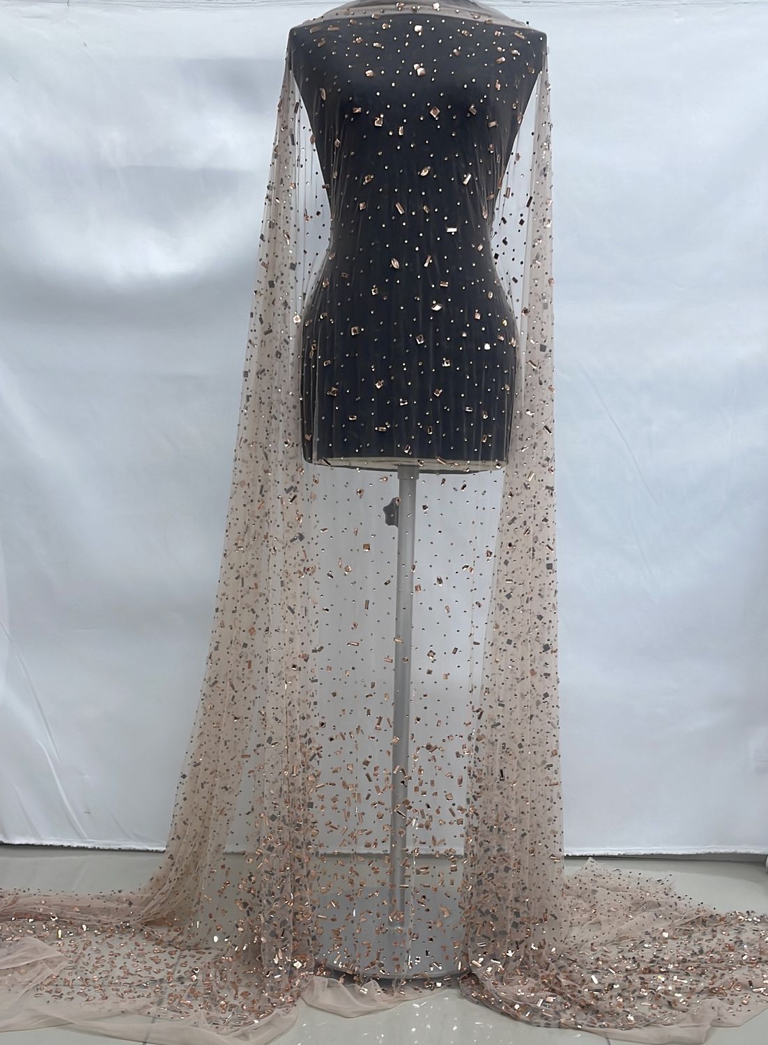Dress Fabric [ 25095 ] Tulle with Jewel Stones-KQ-DSN#8-137-Rose Gold-3 per Meter