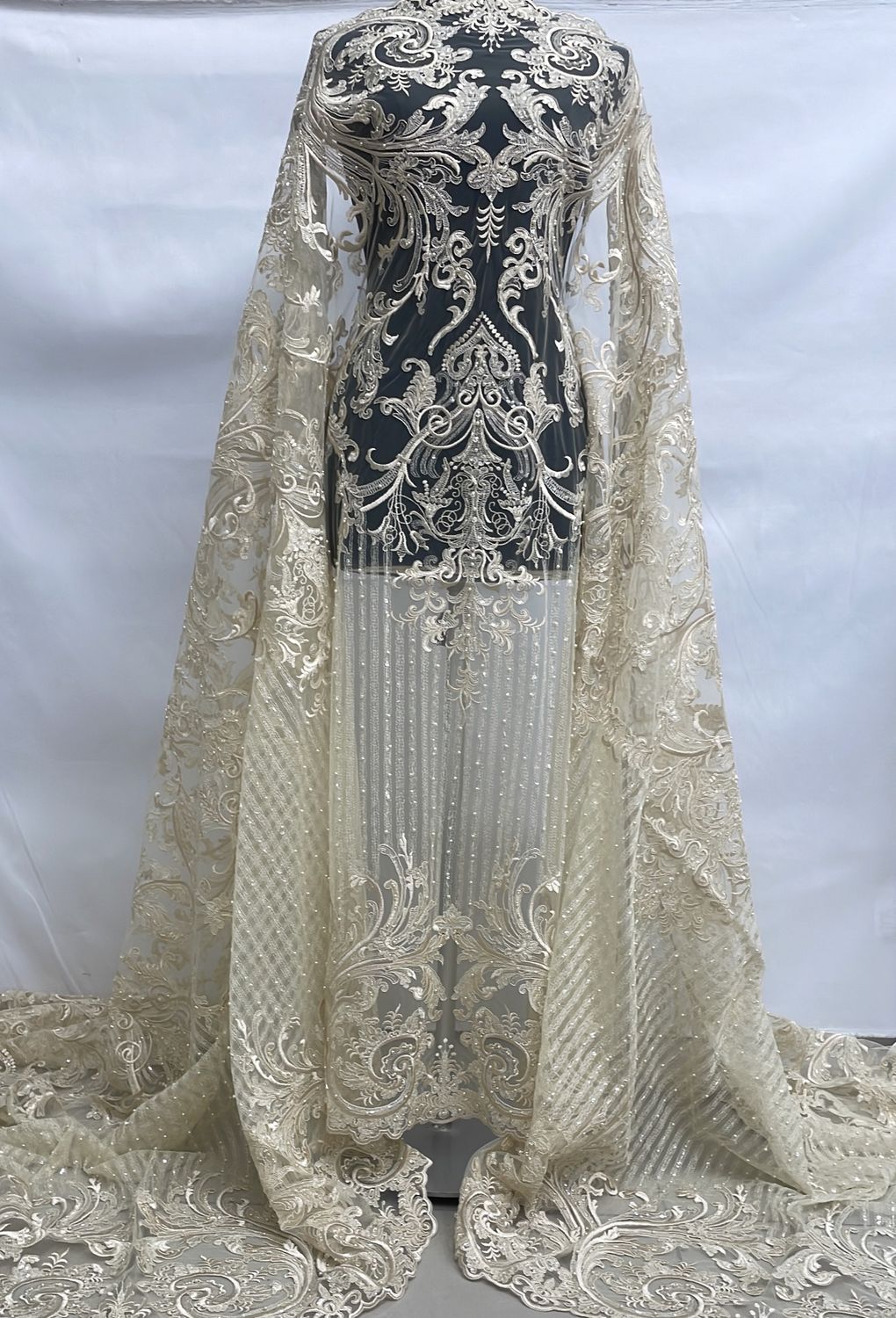 Dress Fabric [ 21256 ] Tulle Embroidered Beaded Corded/137cm/5g/CHAMPAGNE per Meter
