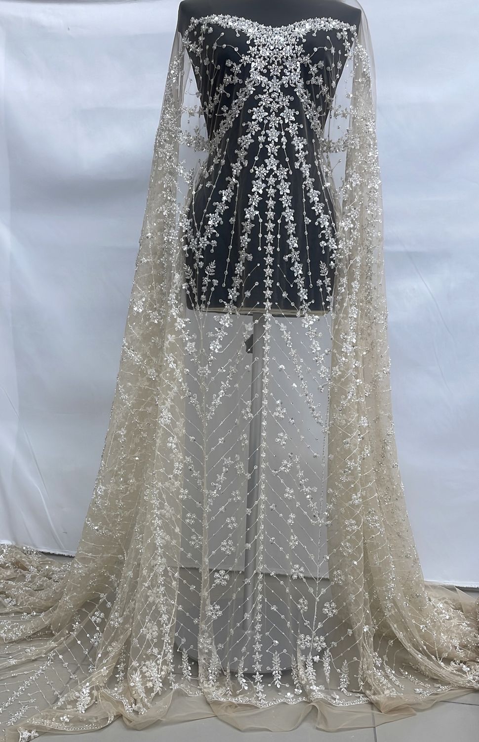 Wedding Dress Fabric [ 25247 ] Tulle Emb Beaded-137-03-Skin Silver per Meter