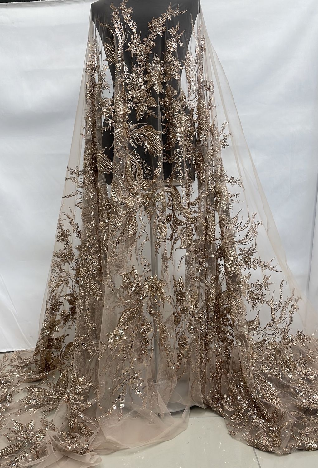 Dress Fabric [ 24746 ] Tulle Emb Bead-37841-137-Rose Gold per Meter