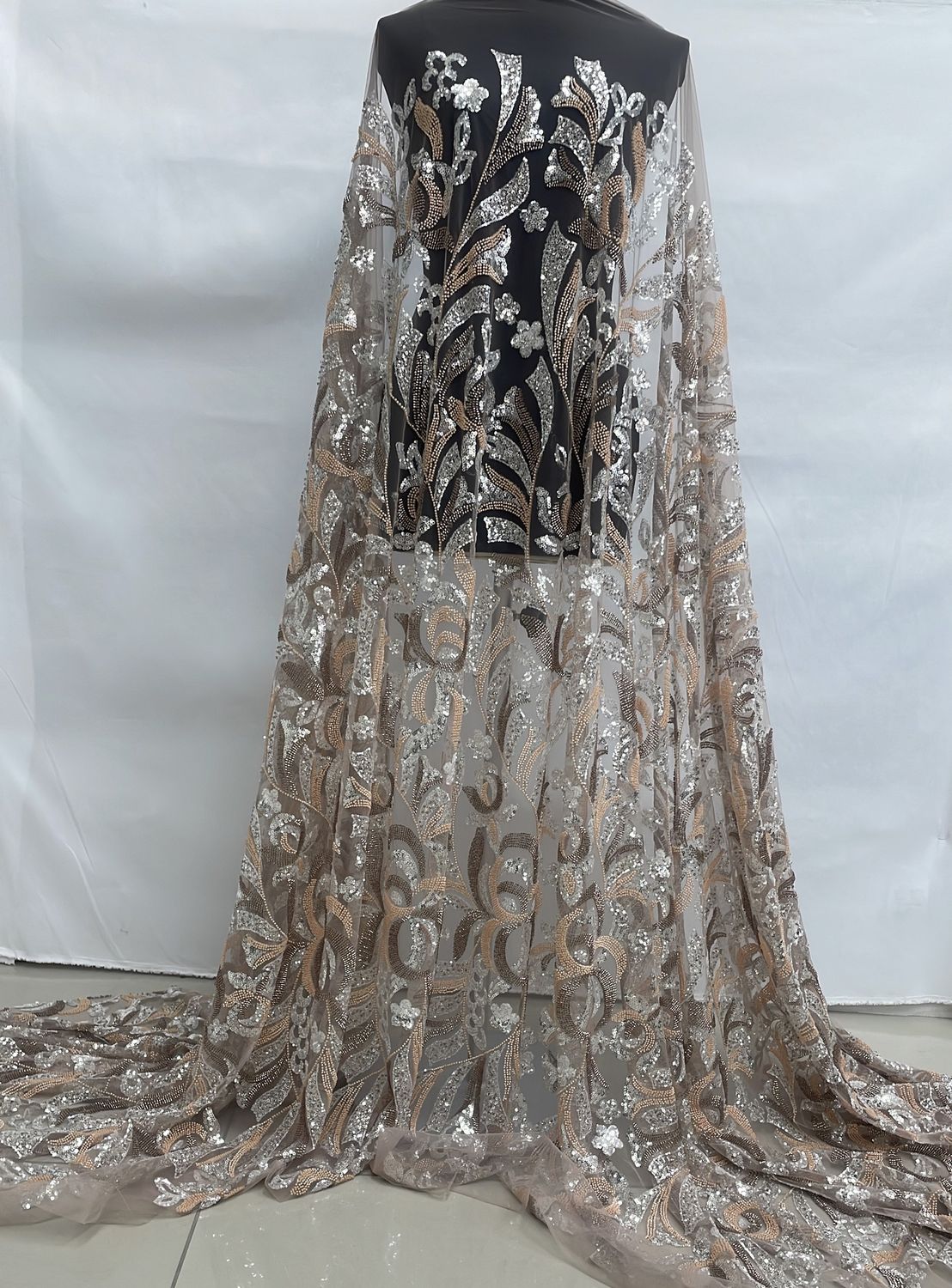 Dress Fabric [ 24832 ] Tulle Emb Bead-37808-137-Peach-2 per Meter