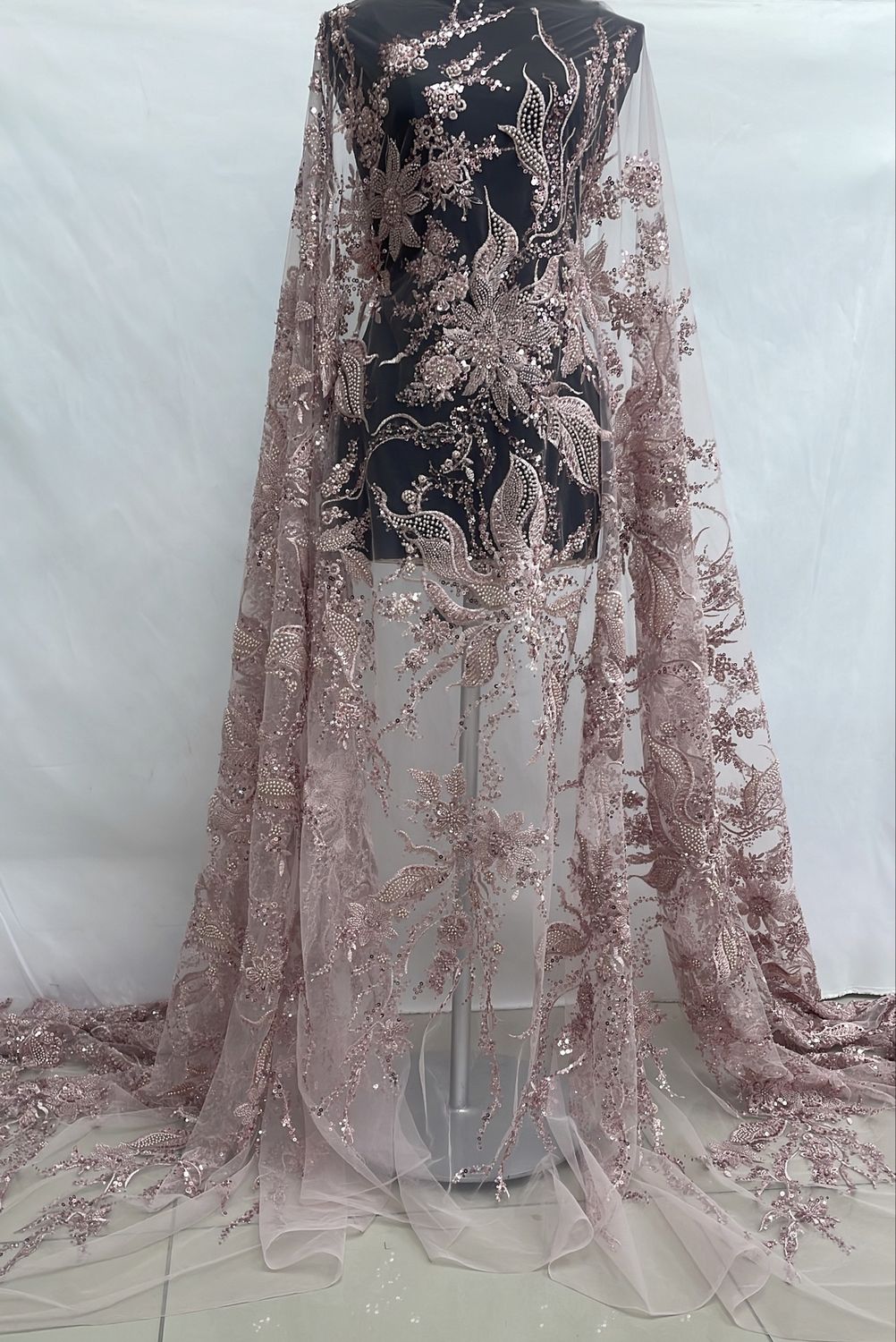 Dress Fabric [ 24748 ] Tulle Emb Bead-37841-137-Pink per Meter