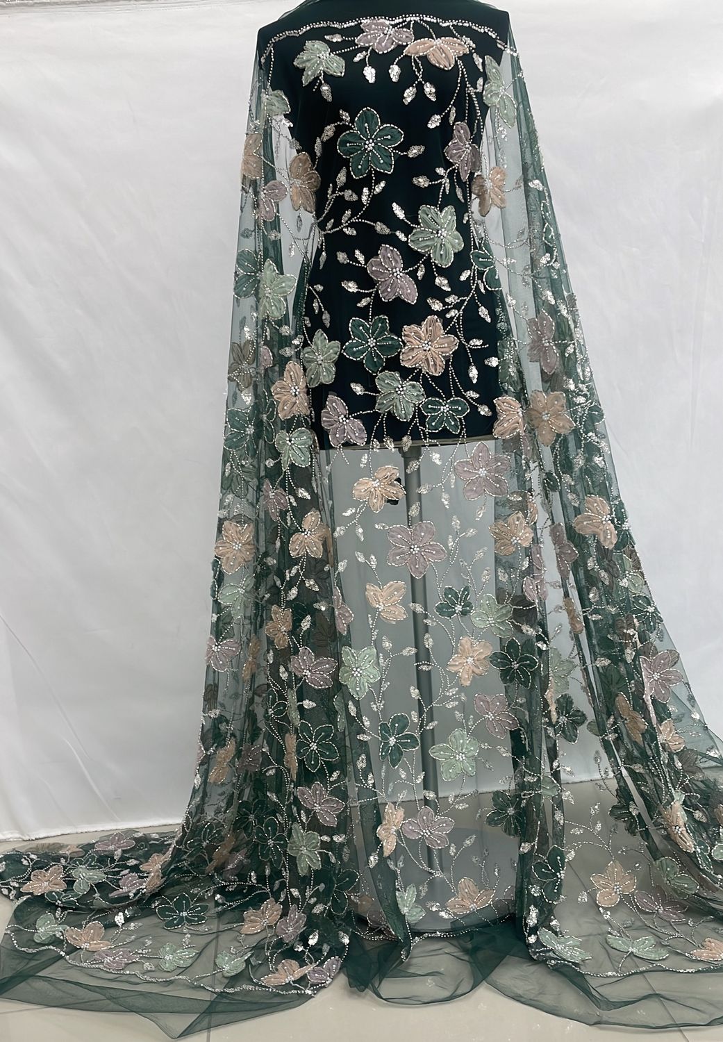 Dress Fabric [ 24950 ] Tulle Emb Beaded Appl-GZ-CH1-137-Bottle Green-02 per Meter