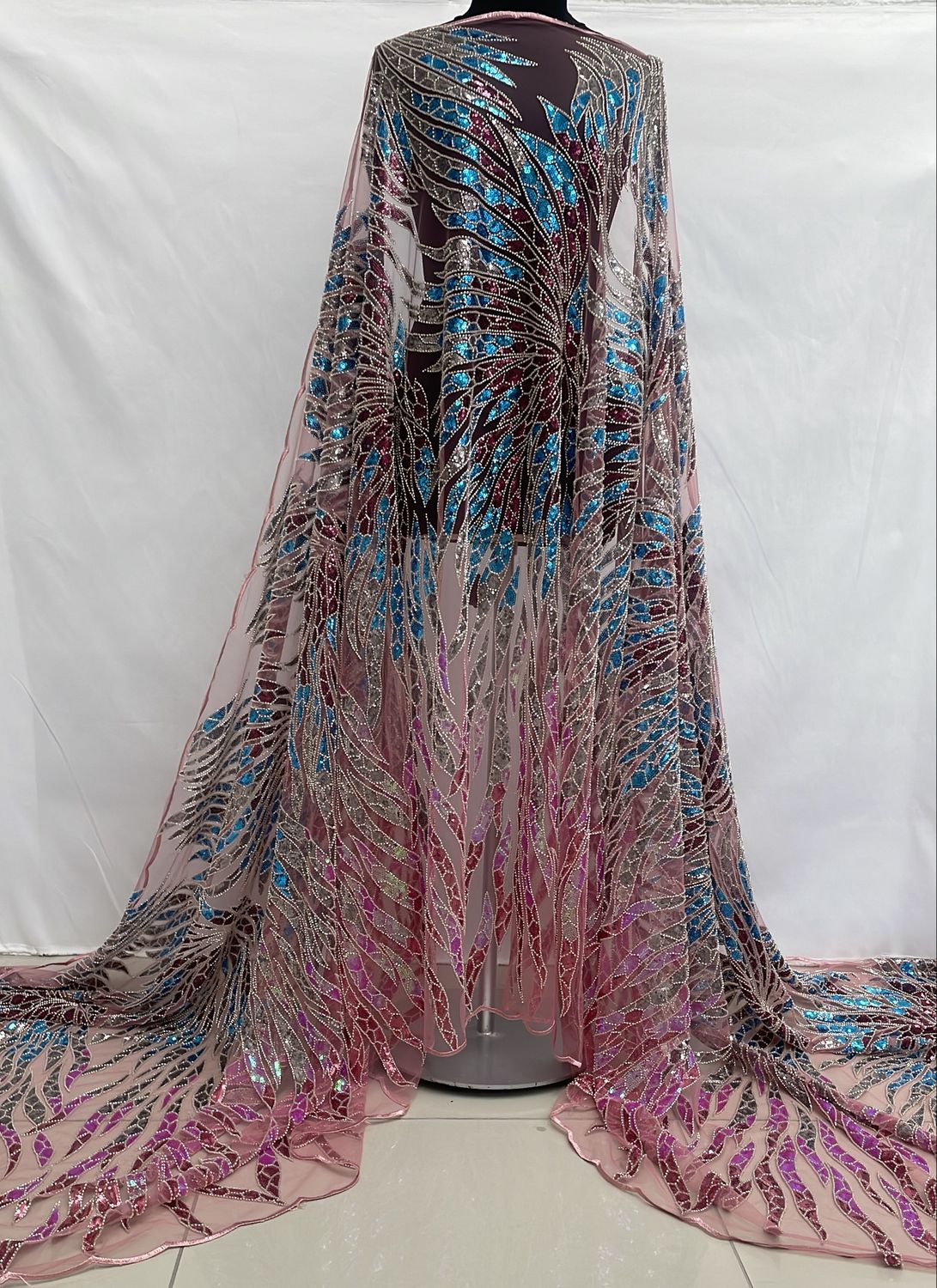 Dress Fabric [ 25070 ] Tulle Emb Beaded-GZ-WSR-2259-1-137-Pink Turq-04 per Meter