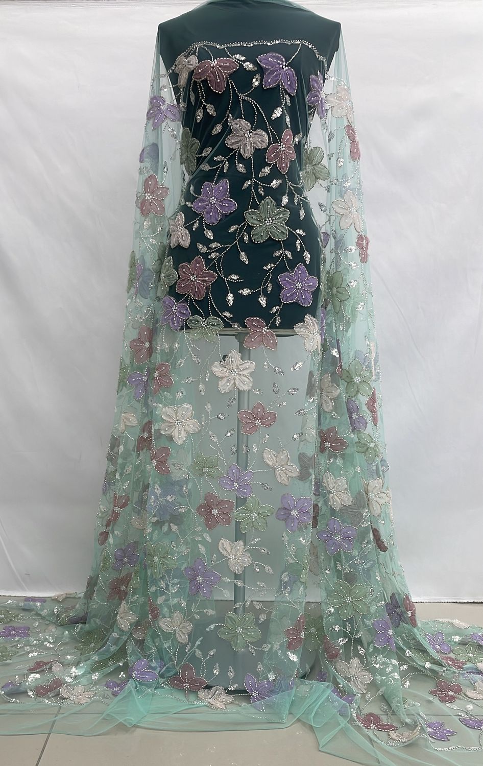 Dress Fabric [ 24949 ] Tulle Emb Beaded Appl-GZ-CH1-137-Mint Green-01 per Meter