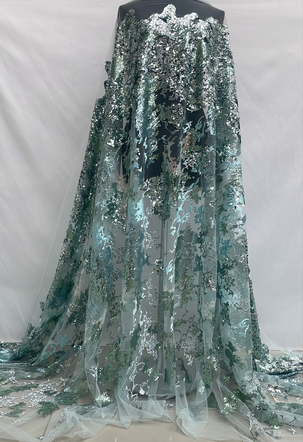 Sequins Dress Fabric [ 24990 ] Tulle Emb Sequence-GZ-39582-137-Mint Green-02 per Meter