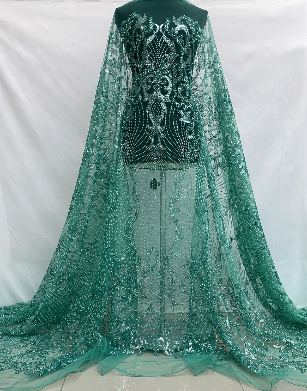 Dress Fabric [ 24814 ] Tulle Emb BeadCord-37814-137-Green-10 per Meter