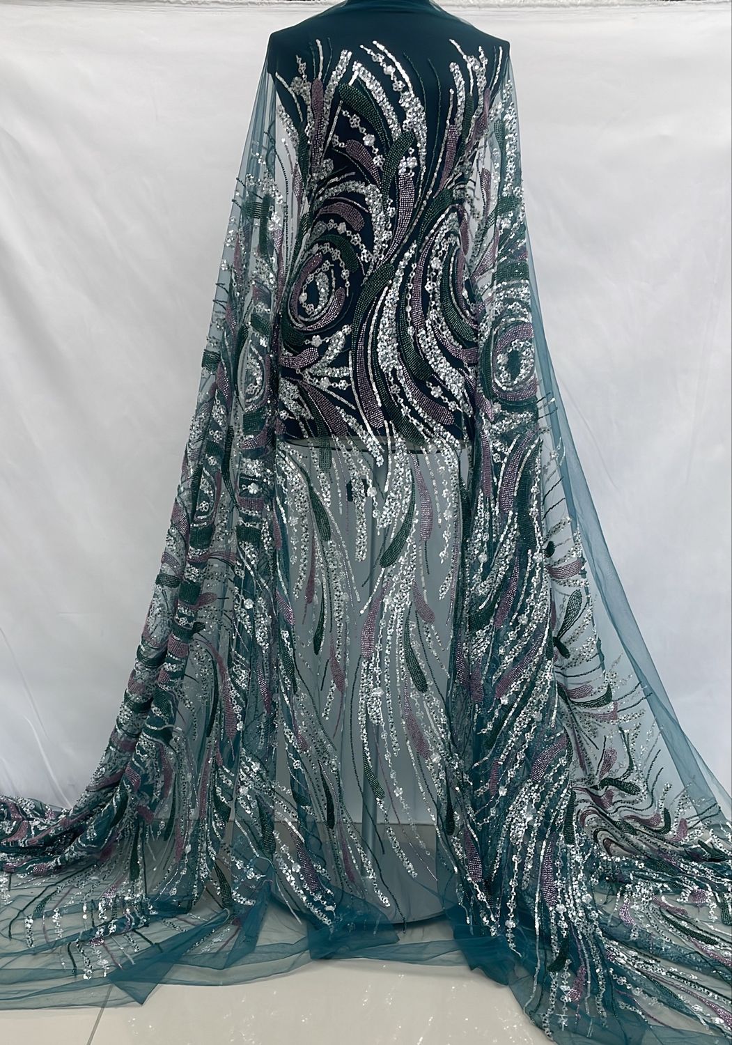 Dress Fabric [ 24836 ] Tulle Emb Bead-37809-137-Bottle Green-1 per Meter