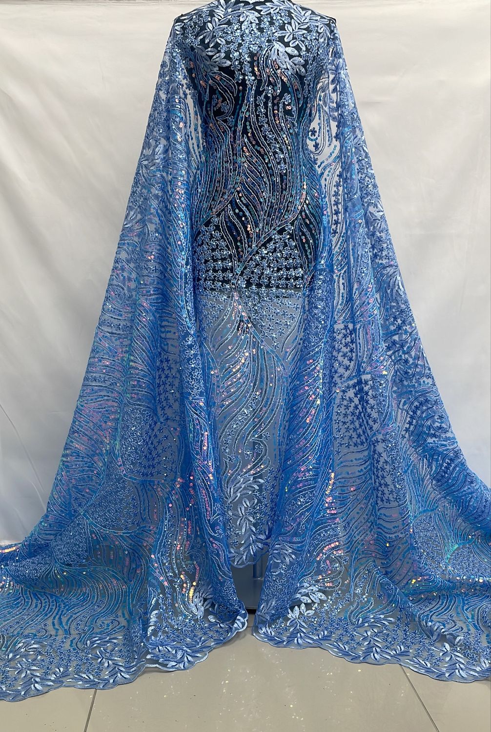 Sequins Dress Fabric [ 24387 ] TulleEmbSeqCord-36297 A-137-05-Blue per Meter