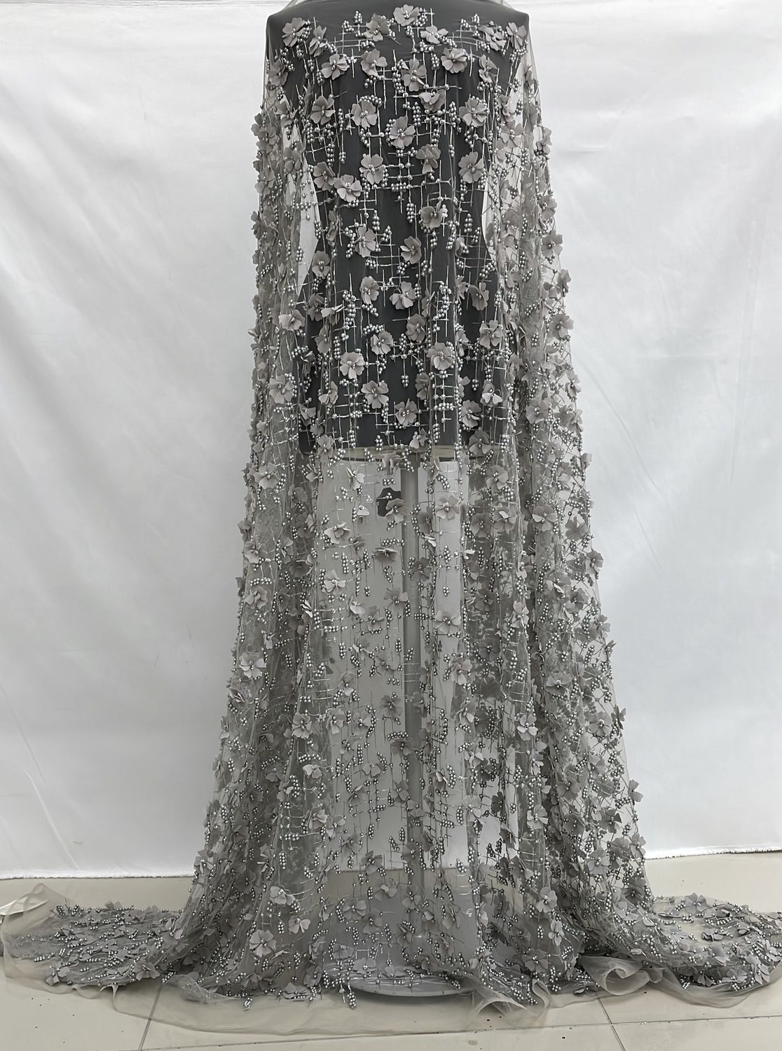Dress Fabric [ 16663 ] Tulle Embroidered Applique Beaded/137cm/5g/Grey per Meter
