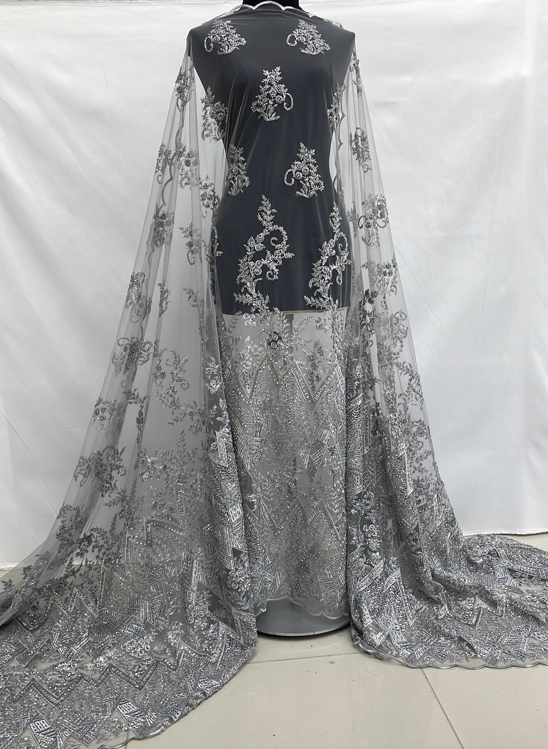 Dress Fabric [ 19102 ] Tulle Embroidered Beaded/137cm/5g/GREY per Meter